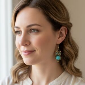 Turquoise owl earrings, gold-tone earrings, alloy earrings. 4 cm long.